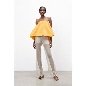 Orange Zara Boho Strapless Elastic Off-the-Shoulder Flounce Pull-On Top (NWT)